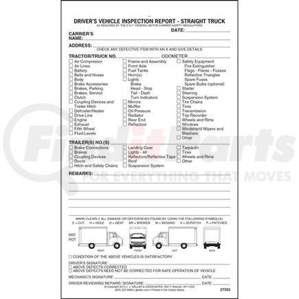 27353 by JJ KELLER - Detailed Driver's Vehicle Inspection Report - Straight Truck, Snap-Out Format - Stock - 2-Ply, Carbonless, Snap-Out Format, 5-1/2” x 9-1/4”