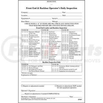 27357 by JJ KELLER - Front End Loader & Backhoe Inspection Report - Stock - 2-Ply, Carbonless