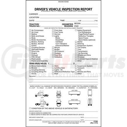 27365 by JJ KELLER - Detailed Driver's Vehicle Inspection Report - Tractor-Trailer, Book Format - Stock - 2-Ply, Carbonless, Book Format, 5-1/2” x 9-1/4”