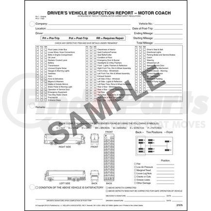 27375 by JJ KELLER - Detailed Driver's Vehicle Inspection Report - Motor Coach, Snap-Out Format - Stock - 2-Ply, Carbonless, Snap-Out Format, 8-1/2” x 11”