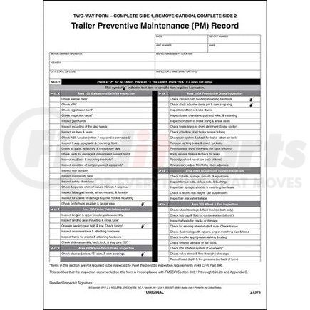 27376 by JJ KELLER - Trailer Preventive Maintenance Inspection Report - 2-ply, carbon interleaf, snap out format
