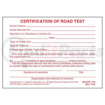 279 by JJ KELLER - Certification of Written Examination and Road Test - Pocket Cards - Pocket Cards