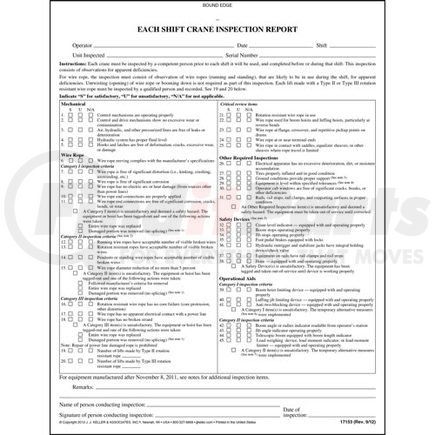 17153 by JJ KELLER - Each Shift/Monthly Crane Inspection Report Book - 2-Ply, Carbonless