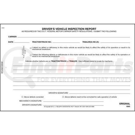 1845 by JJ KELLER - Simplified Driver's Vehicle Inspection Report, 3-Ply, Carbonless, Book Format