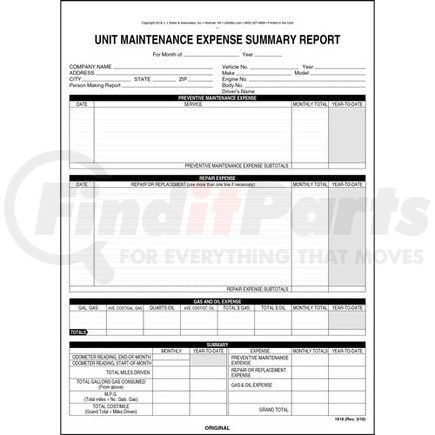 1918 by JJ KELLER - Unit Maintenance Expense Summary Form - 2-ply, carbon, 8-1/2" x 11-3/4"