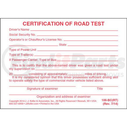 1789 by JJ KELLER - Certification of Road Test - Pocket Cards - 3-1/2" x 2-1/2"