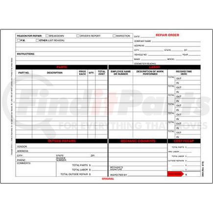 3666 by JJ KELLER - Garage Repair Order - Carbonless - 3-ply, snap-out, carbonless, 8-1/2" W x 11-3/4" L