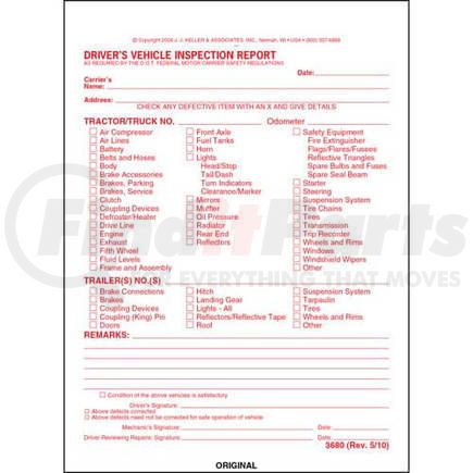 3680 by JJ KELLER - Detailed Driver's Vehicle Inspection Report, Carbonless, Red Ink, Snap-Out Format - Stock - 3-ply, carbonless, snap-out format, 5-2/3" x 7-3/4"