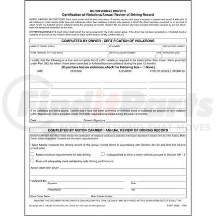 3685 by JJ KELLER - Certification of Violations/Annual Review of Driving Record - Padded format, 50 sheets per pad