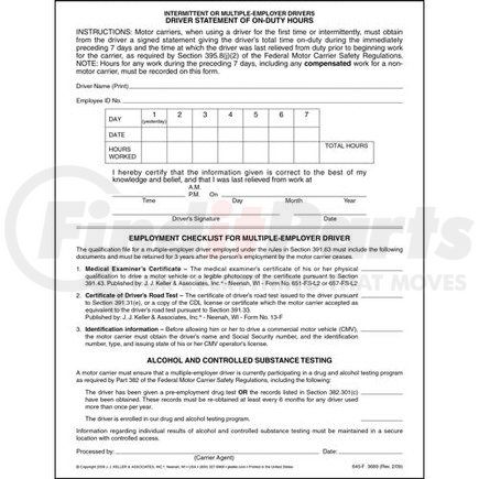 3689 by JJ KELLER - Driver's Statement of On-Duty Hours - Intermittent, Casual or Occasional Driver - Single-Ply - Padded format, single-ply