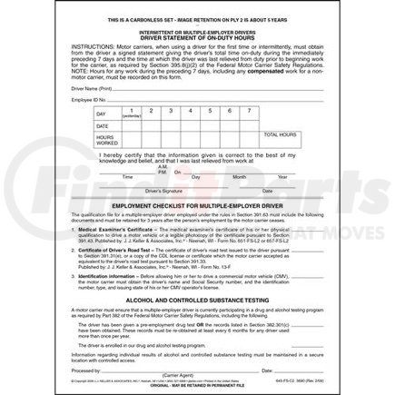 3690 by JJ KELLER - Driver's Statement of On-Duty Hours - Intermittent, Casual or Occasional Driver - 2-Ply NCR - Snap-out Format