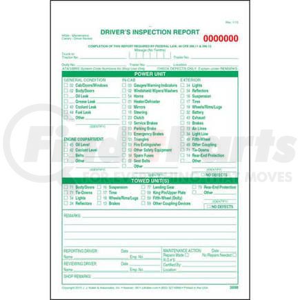 3698 by JJ KELLER - Detailed Driver's Vehicle Inspection Report, Carbonless, Green Ink, Snap-Out Format - Stock - 3-ply, snap-out, carbonless, 5-2/3" x 8-1/2"
