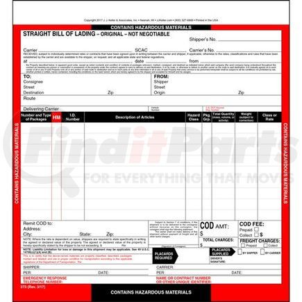 373 by JJ KELLER - Hazardous Materials Straight Bill of Lading - 3-ply, carbon, snap-out , 8.5" x 9.25" (0.75" top tear-off), 9 lines