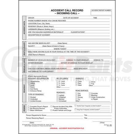3892 by JJ KELLER - Accident Call Record - Incoming Call - 5-ply, carbonless