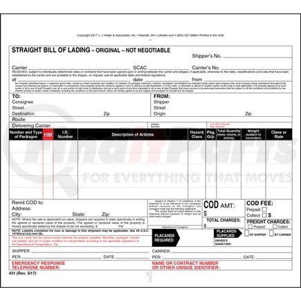 431 by JJ KELLER - Straight Bill of Lading Form - 3-ply, carbon, snap-out, 8.5" x 7.75" (0.75" top tear-off)