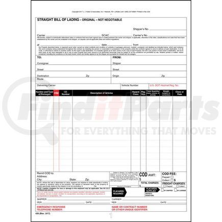 435 by JJ KELLER - Straight Bill of Lading Form - 3-ply, carbon, snap-out, 8.5" x 11.75" (0.75" top tear-off)