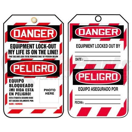 29753 by JJ KELLER - Bilingual Lockout/Tagout Tag - Danger Equipment Lock Out My Life Is On the Line - 25-Pack Cardstock Tags