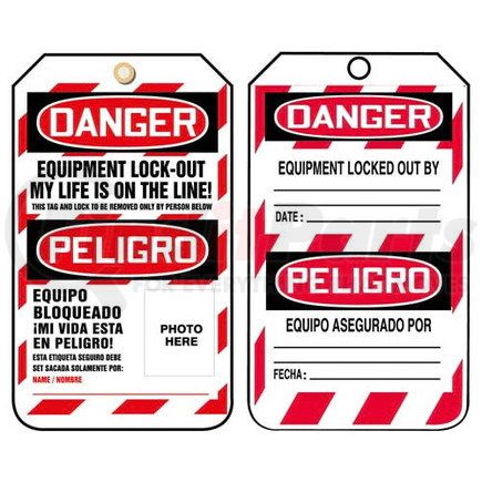 29751 by JJ KELLER - Bilingual Lockout/Tagout Tag - Danger Equipment Lock Out My Life Is On the Line - 5-Pack Cardstock Tags