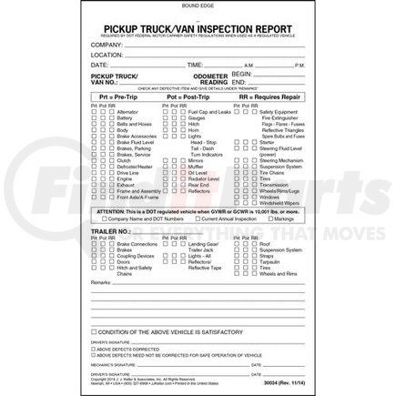 30034 by JJ KELLER - Pickup Truck/Van Inspection Report - Stock - 2-ply, Carbonless