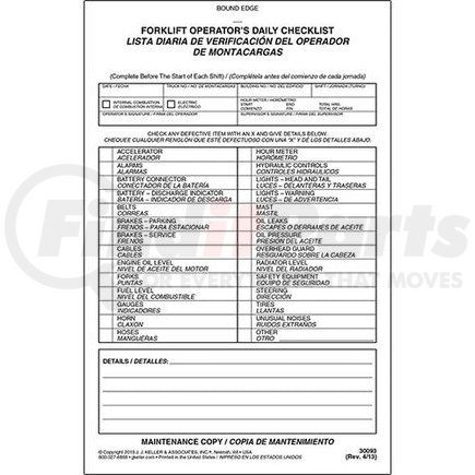 30093 by JJ KELLER - Forklift Operator's Daily Checklist Bilingual - Personalized - Personalized