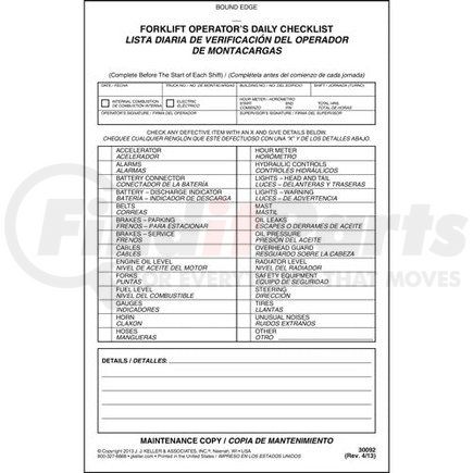 30092 by JJ KELLER - Forklift Operator's Daily Checklist Bilingual - Stock - 2-Ply, Carbonless