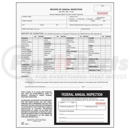 3136 by JJ KELLER - Record of Annual Inspection w/Inspection Decal - Stock - Form and Decal