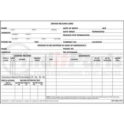 3211 by JJ KELLER - Employee Record Card - 9" x 6"