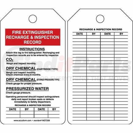 47574 by JJ KELLER - Fire Extinguisher Recharge & Inspection Record - Safety Tag - Cardstock, 5 per pack