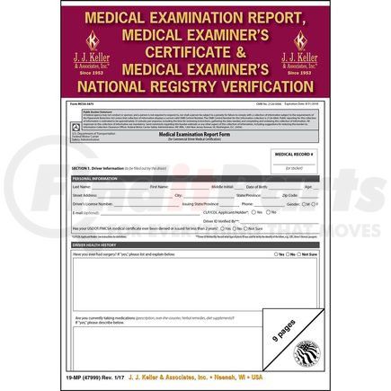 47999 by JJ KELLER - Medical Examination Report, Certificate, & National Registry Verification – Retail Packaging - (1) Report, (1) Certificate, & (1) Verification Form