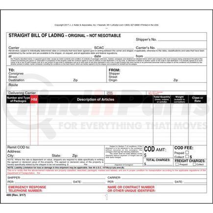 489 by JJ KELLER - Straight Bill of Lading - Universal Form - 3-ply, carbon, snap-out, 8.5" x 7.75" (0.75" top tear-off)