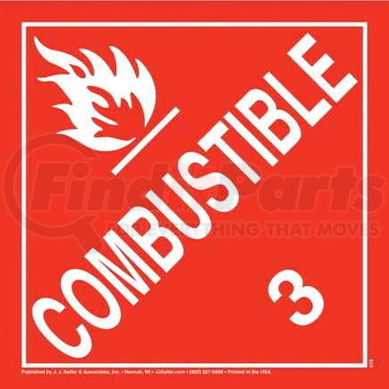45218 by JJ KELLER - Class 3 Combustible Placard - Worded - 20 mil Polystyrene, Unlaminated