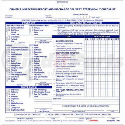 5309 by JJ KELLER - Driver's Inspection Report and Discharge Delivery System Daily Checklist - Book format, carbonless, 8-1/4" x 8-1/2"
