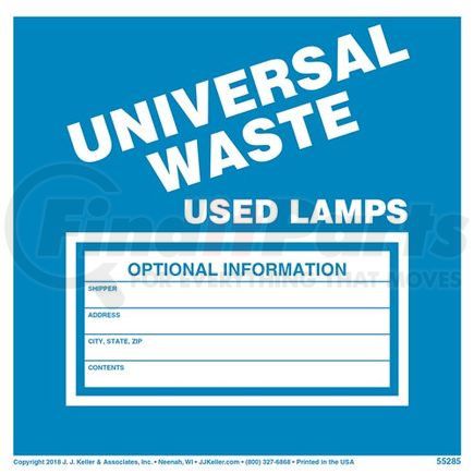 55285 by JJ KELLER - Universal Waste: Used Lamps Labels - Laser Compatible Paper, 100 Sheets/Pk (1 Label/Sheet)