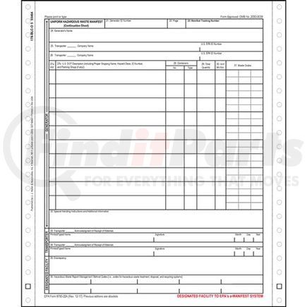 55464 by JJ KELLER - Uniform Hazardous Waste Manifest Continuation Sheet - Pin-Feed Continuous Format - Continuous format, 5-ply, 9-1/2" x 11"