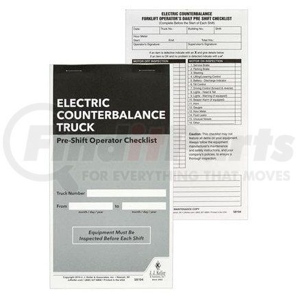58194 by JJ KELLER - Electric Counterbalance Forklift Pre-Shift Inspection Checklist - 2-Ply Checklist