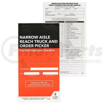 58196 by JJ KELLER - Narrow Aisle Reach Truck and Order Picker Pre-Shift Inspection Checklist - 2-Ply Checklist
