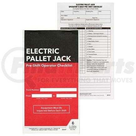 58197 by JJ KELLER - Electric Pallet Jack Pre-Shift Inspection Checklist - 2-Ply Checklist