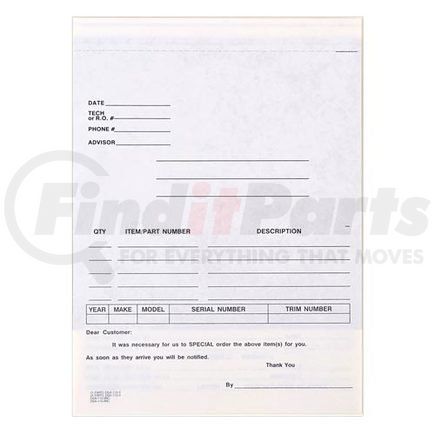 58356 by JJ KELLER - Automotive Special Parts Order Form, Snap-Out Format – Stock - Carbonless Automotive Special Parts Order Form