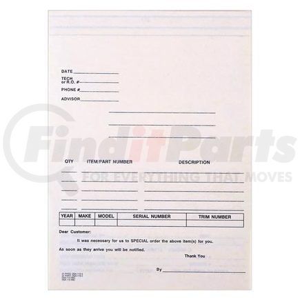58357 by JJ KELLER - Automotive Special Parts Order Form, Snap-Out Format – Stock - Carbon Automotive Special Parts Order Form