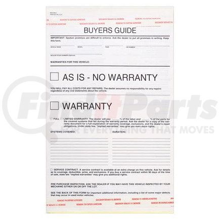 58384 by JJ KELLER - Buyers Guide Warranty Form, Carbonless - Snap-Out Format – Stock - Carbonless Buyers Guide Warranty Form