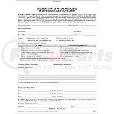 60427 by JJ KELLER - Knowledge Of Alcohol & Drug Violation Form - Snap-Out Format - Knowledge Of Alcohol & Drug Violation Form