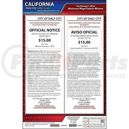 63010 by JJ KELLER - California / Daly City Minimum Wage Poster - Laminated Poster