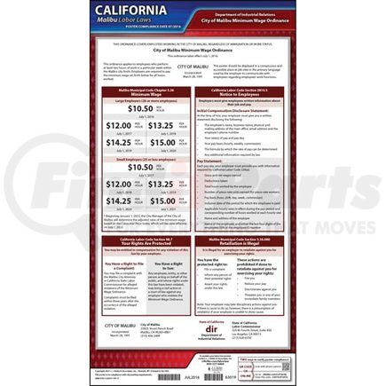 63019 by JJ KELLER - California / Malibu Minimum Wage Poster - Laminated Poster