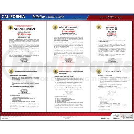 63021 by JJ KELLER - California / Milpitas Minimum Wage Poster - Laminated Poster