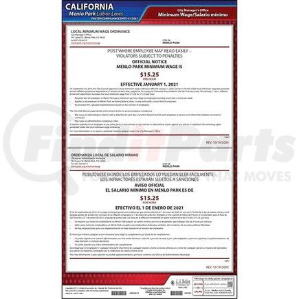 63020 by JJ KELLER - California / Menlo Park Minimum Wage Poster - Laminated Poster