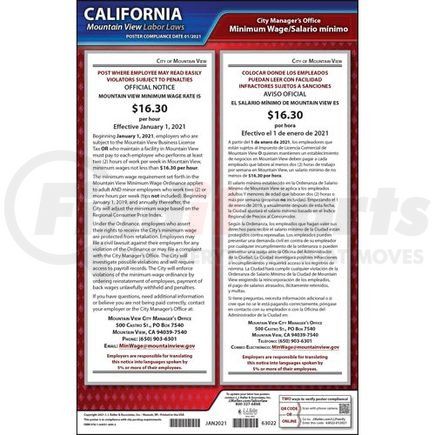 63022 by JJ KELLER - California / Mountain View Minimum Wage Poster - Laminated Poster