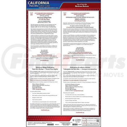 63025 by JJ KELLER - California / Palo Alto Minimum Wage Poster - Laminated Poster