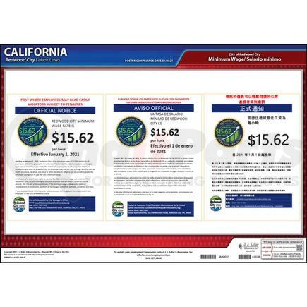 63028 by JJ KELLER - California / Redwood City Minimum Wage Poster - Laminated Poster