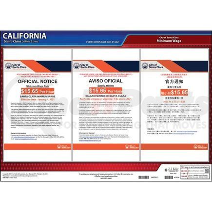 63036 by JJ KELLER - California / Santa Clara Minimum Wage Poster - Laminated Poster