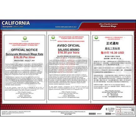 63041 by JJ KELLER - California / Sunnyvale Minimum Wage Poster - Laminated Poster